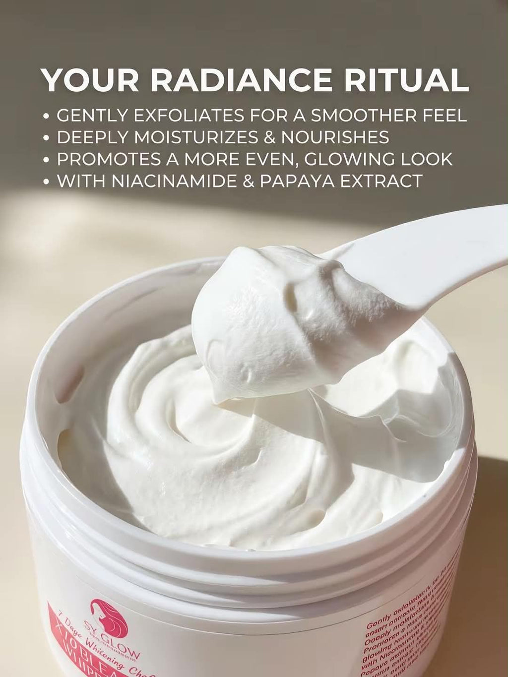 SY Glow Radiance Whipped Cream body care product in a 250g jar, showcasing the smooth, whipped cream texture for radiant skin.