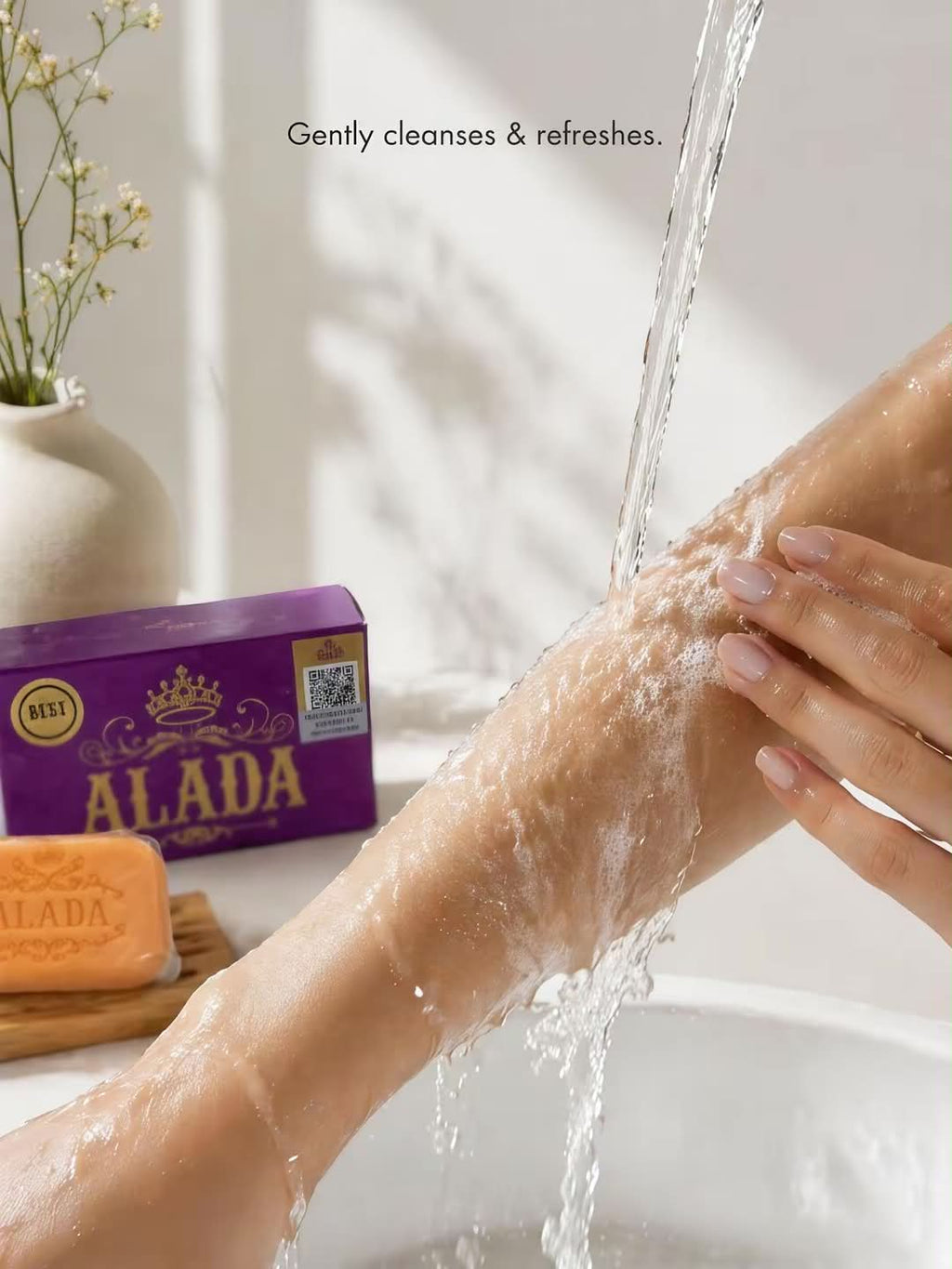 Alada 100% Natural Radiance Soap bar with textured surface and natural ingredients, designed for healthy, glowing skin.