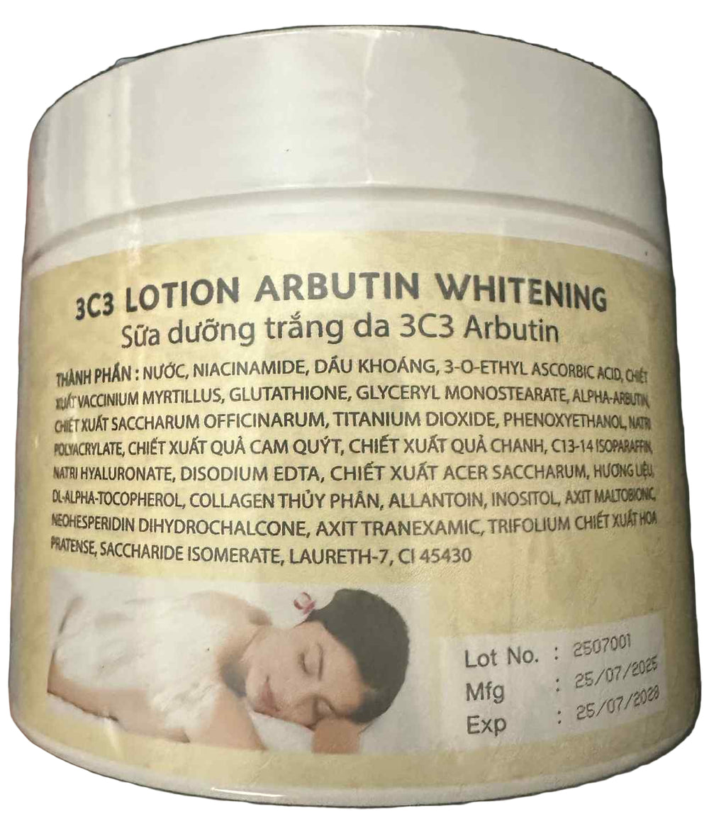 Abutin 3C£ Arbutin brightening body cream with dark spot care, showing the cream jar with label and smooth texture.