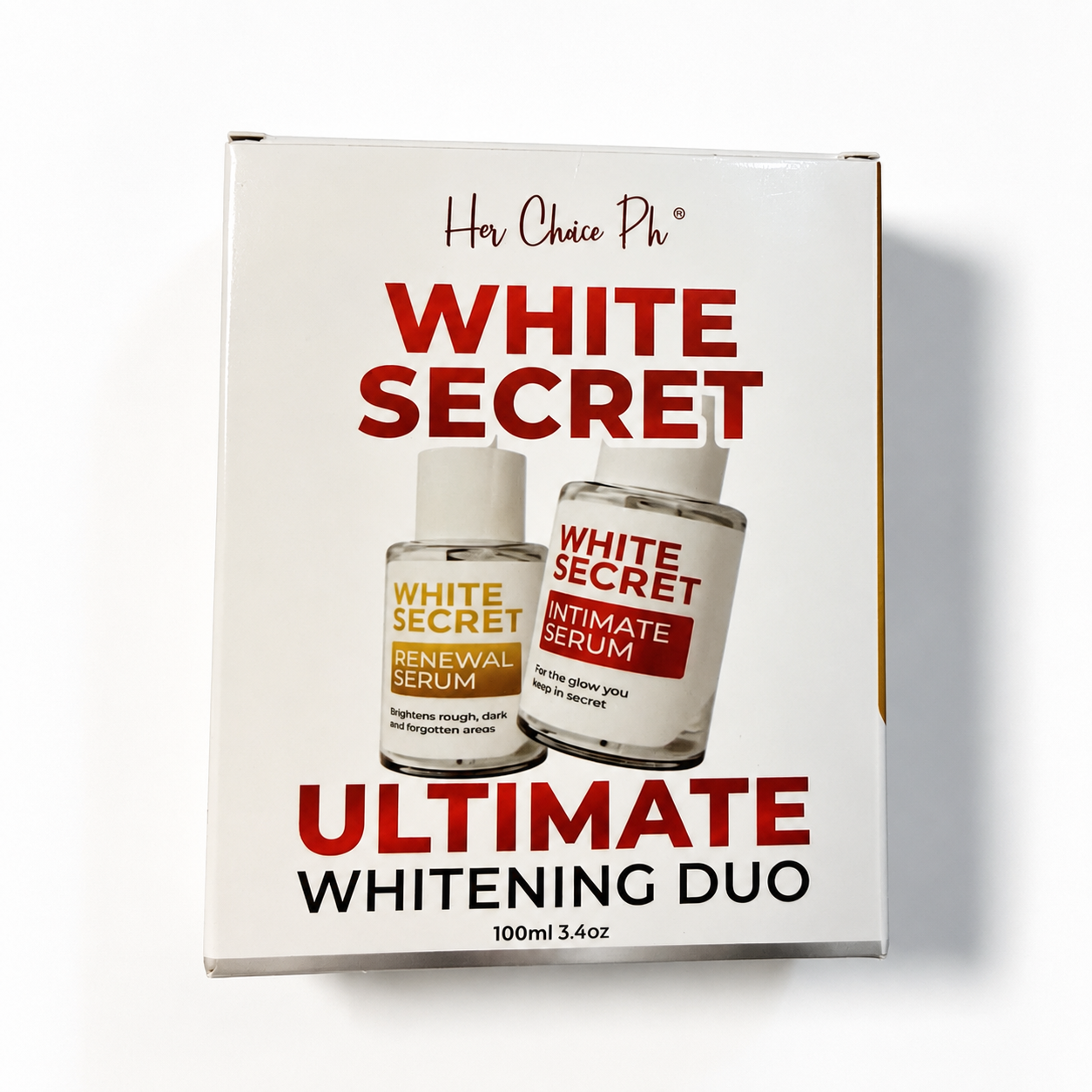 White box packaging for the 'Her Chica Ph White Secret Ultimate Whitening Duo' containing two 100ml bottles of whitening serum, shown on a clean white background with a soft shadow.