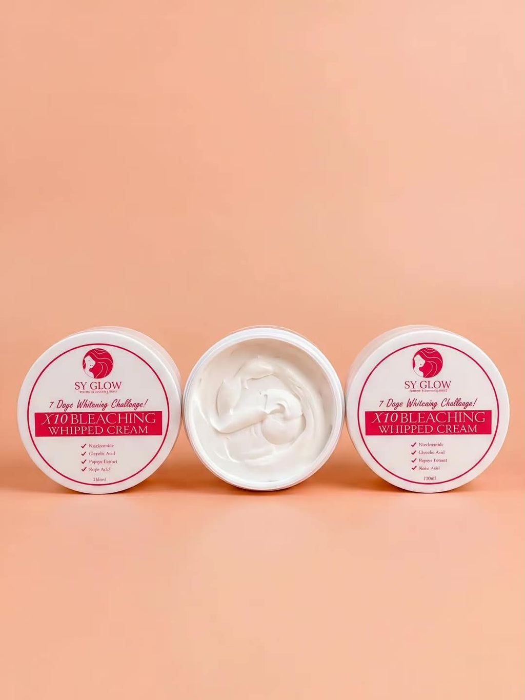 SY Glow Radiance Whipped Cream body care product in a 250g jar, showcasing the creamy, whipped texture for a radiant skin finish.