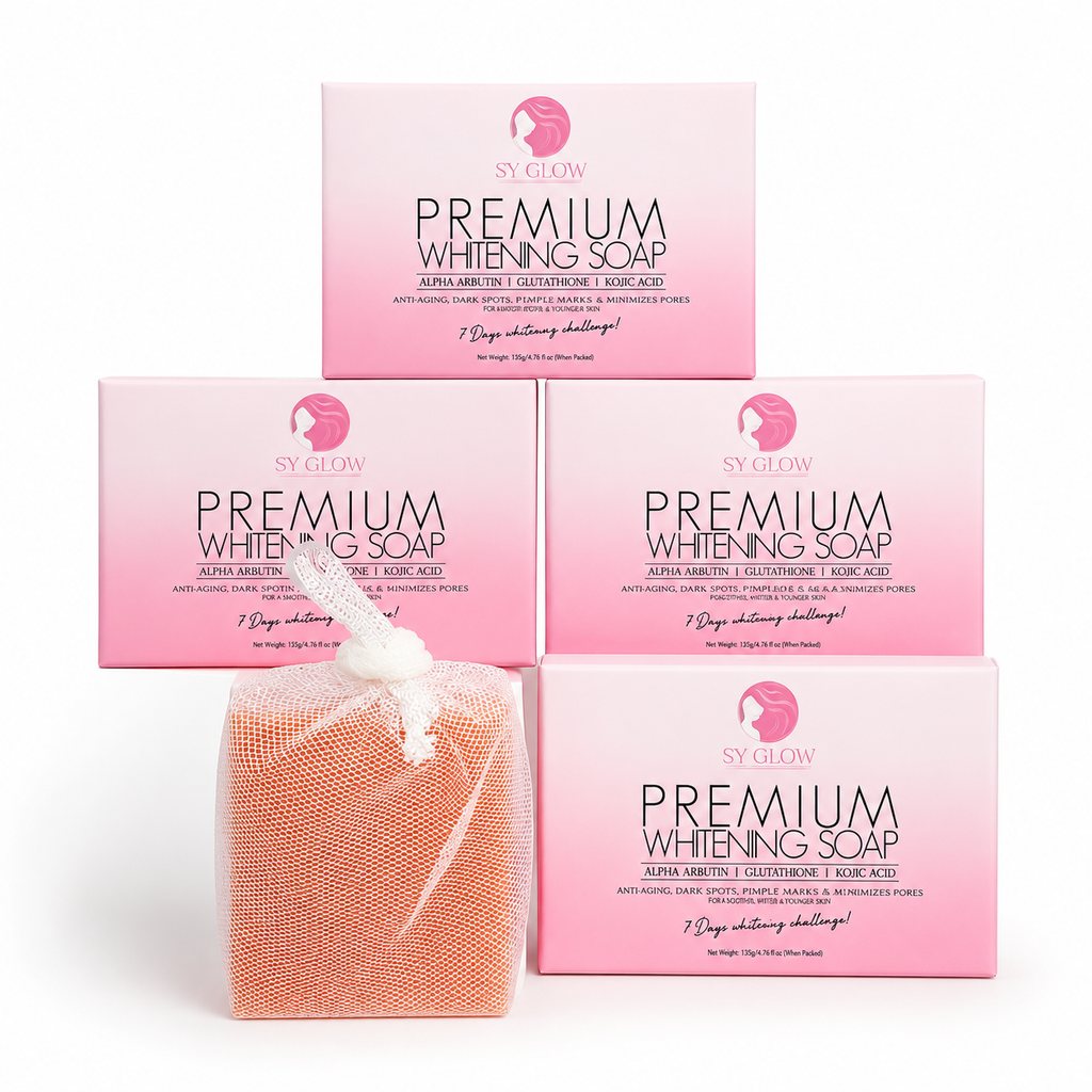 Two SY Glow Premium Face and Body Soap bars in white packaging, displaying the bar soap shape and brand logo.