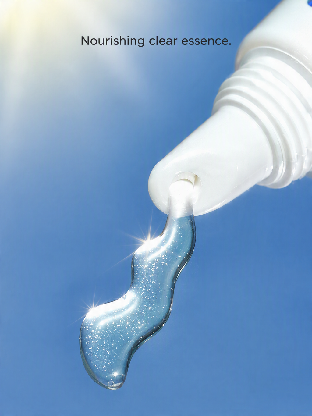 A close-up of a white cosmetic tube dispensing a clear, sparkling blue essence drop against a bright blue sky background. Text at the top reads, 'Nourishing clear essence.