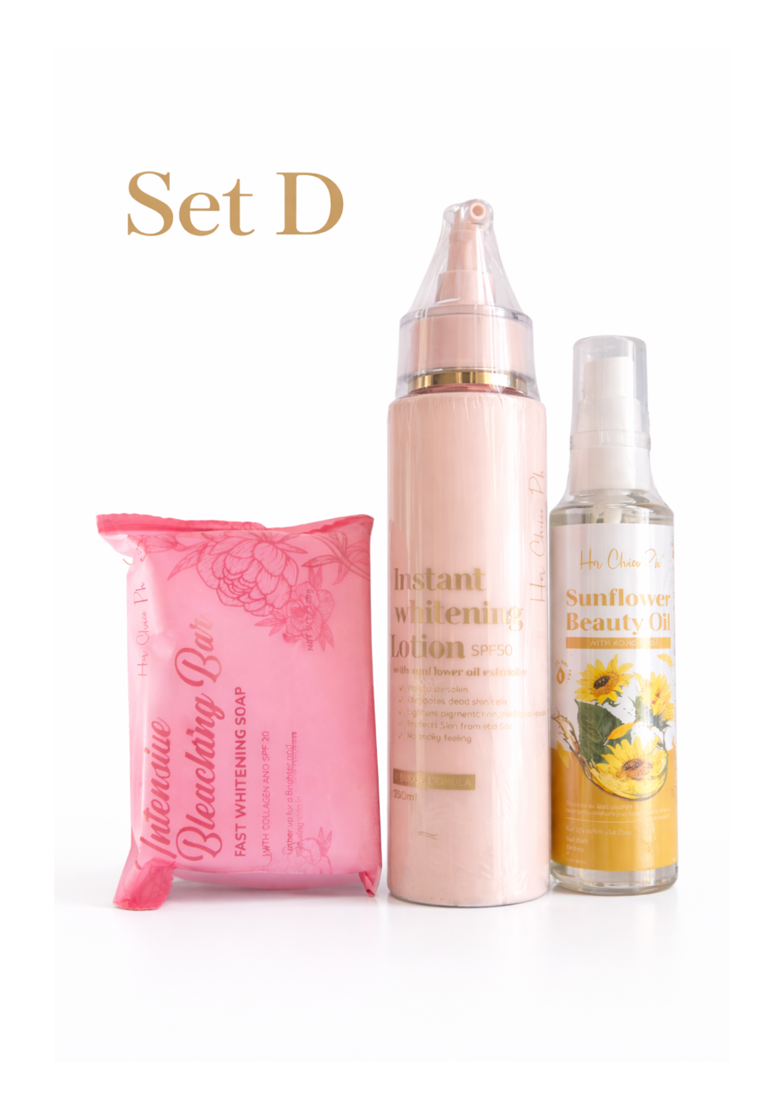 Her Choice PH Radiance body care set with body oil, lotion, and soap displayed on a white background.