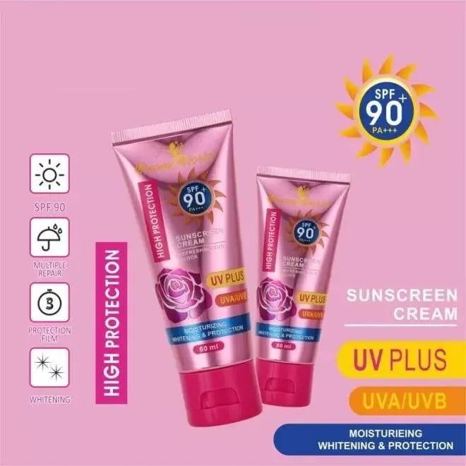 Kiss Beauty SPF90 facial sunscreen cream in 60ml tube, showing the sunscreen product with branding and packaging.