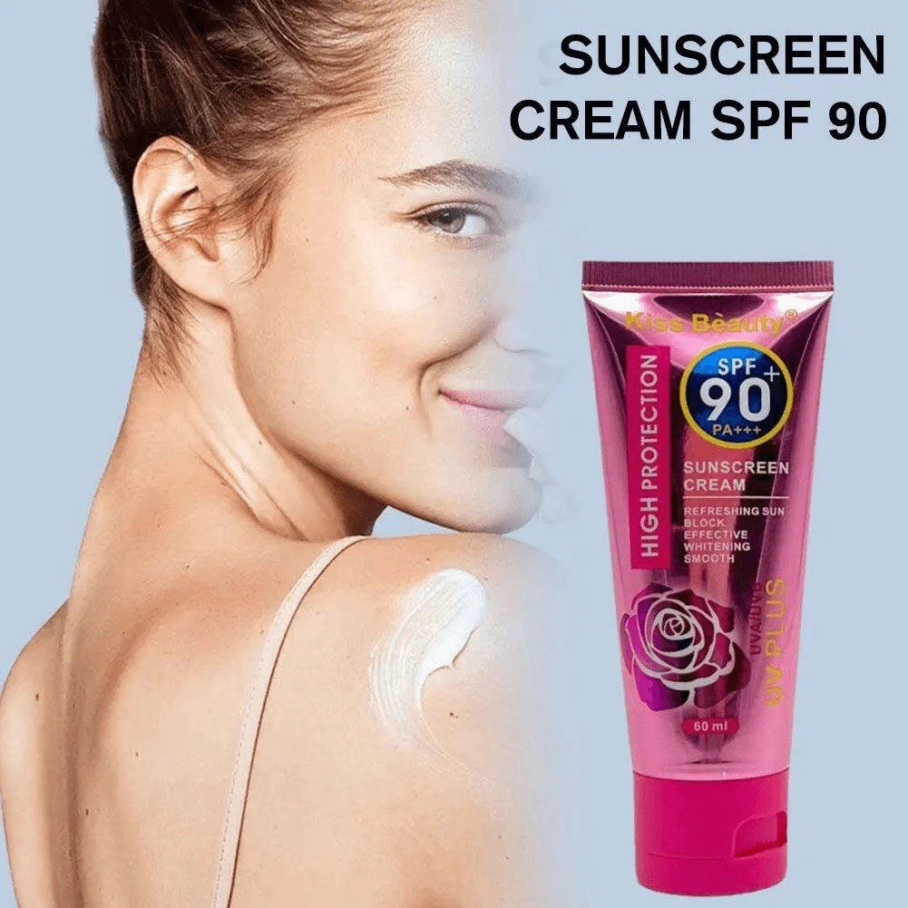 Kiss Beauty SPF90 facial sunscreen cream in a 60ml tube, provides high sun protection for face and skin.
