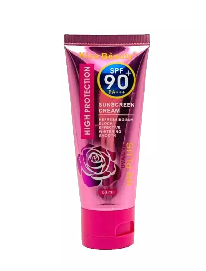 Kiss Beauty SPF90 facial sunscreen cream in a 60ml tube, protects skin from sun damage with high SPF sun care.