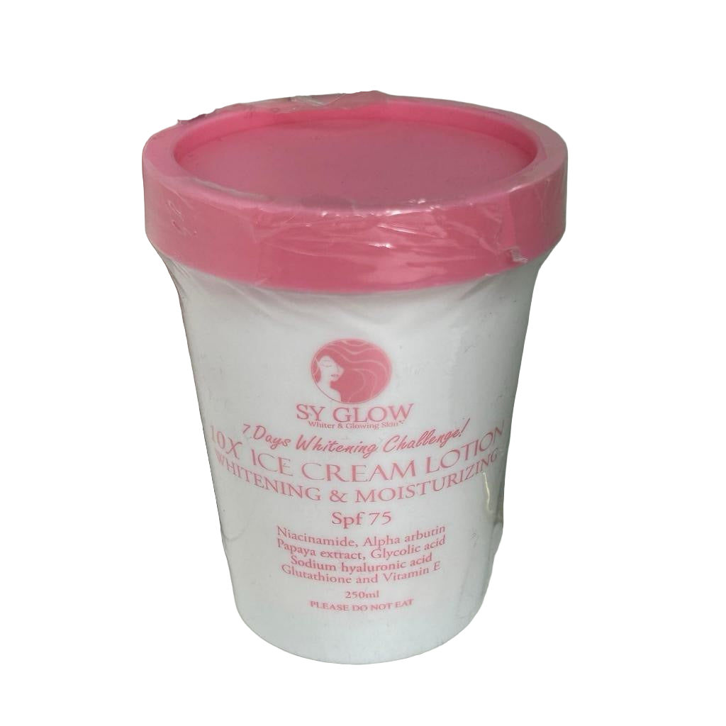 Sy Glow Iced Cream whipped lotion with SPF75, moisturizing body and face cream in 250ml jar, smooth texture, and cooling effect.