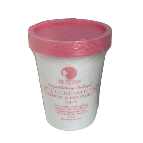 Sy Glow Iced Cream whipped lotion with SPF75, moisturizing body and face cream in 250ml jar, smooth texture, and cooling effect.