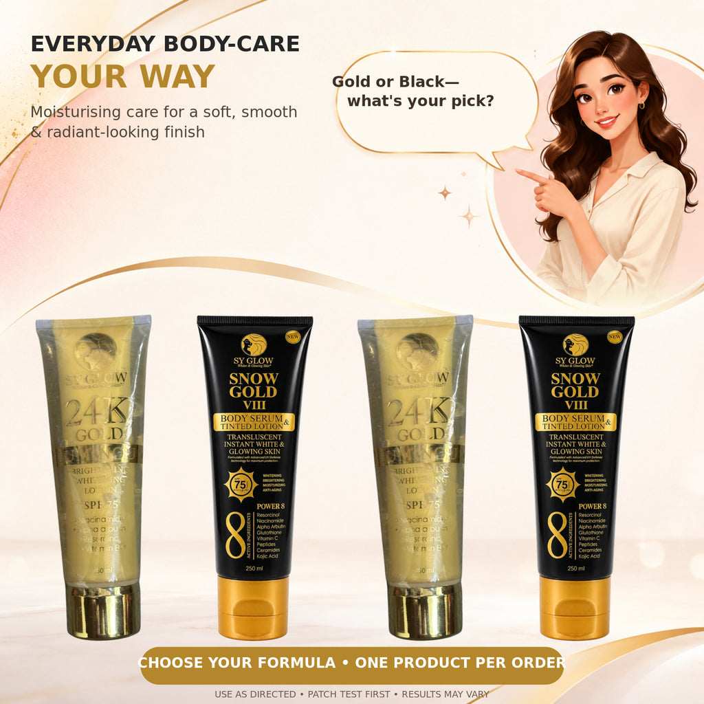 Four tubes of SoliGlow Snow Gold UV Daily Moisturizer SPF 8 body care products are displayed against a warm beige background with promotional text and a cartoon illustration of a woman.