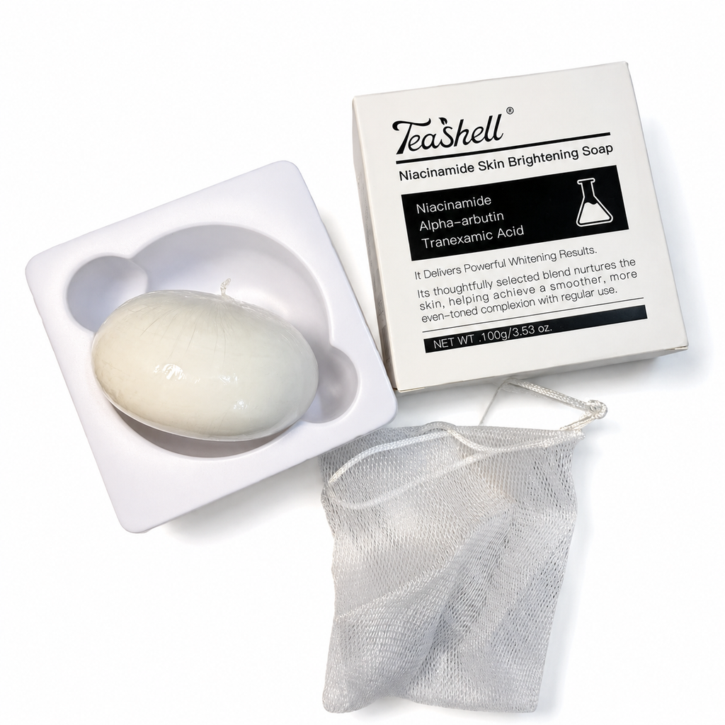 TeaShell cleansing bar, box and foaming net