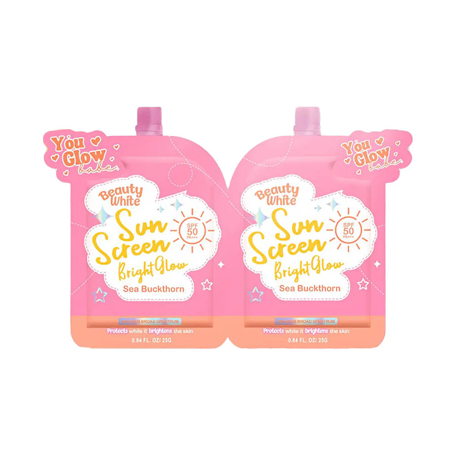 Two pink sun screen pouches with branding on a white background